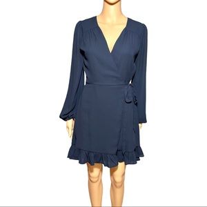 Gianni Bini Wrap Ruffle Hem V-neck Long Balloon Sleeve Navy High-Low Dress XS